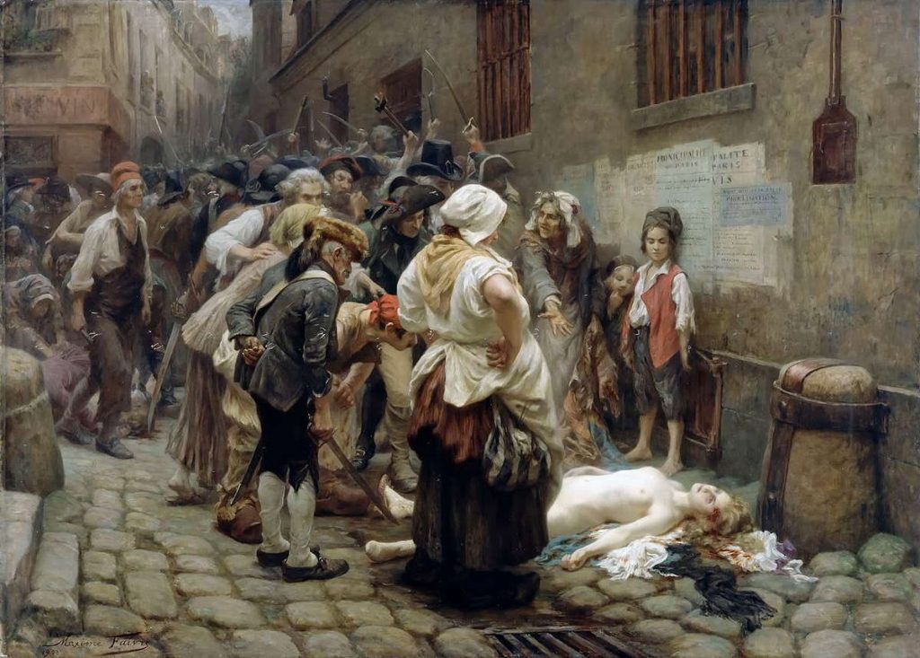 Peinture représentant une foule révolutionnaire entourant le corps d'une femme nue assasinée