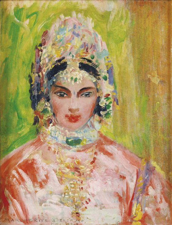 Tableau intitulé Jeune femme en costume de fête, par Marguerite Delorme