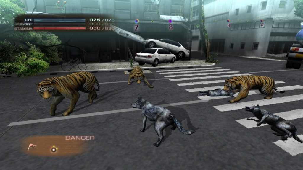 Scène de Tokyo jungle où des tigres affrontent des loups
