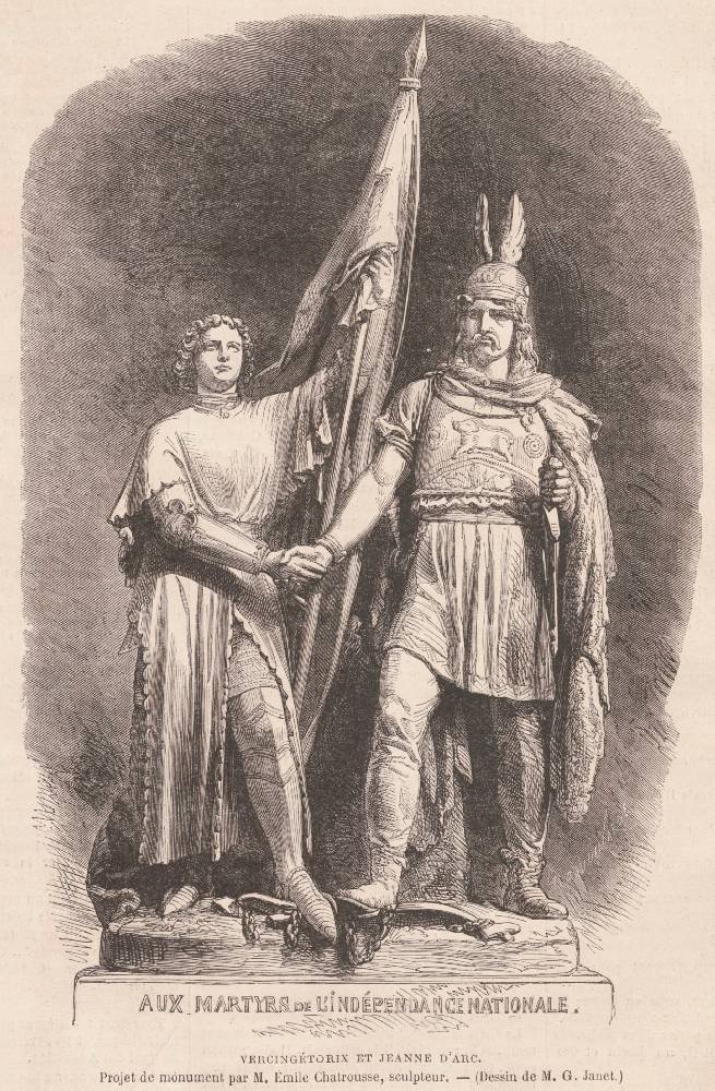 Dessin d'un monument représentant Jeanne d'Arc serrant la main à Vercingétorix et brandissant un étendard