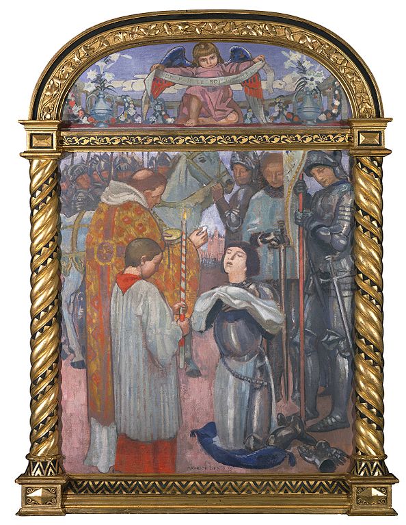 Jeanne d'Arc en armure, agenouillée devant un ecclésiastique, prête à recevoir la communion