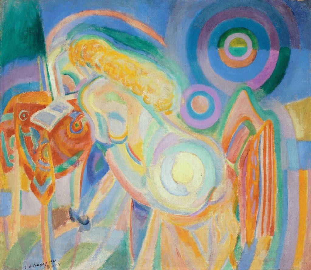 Peinture colorée aux traits géométriques, représentant une femme nue penchée sur un livre