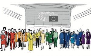 dessin au trait : eurodéputés habillés dans les couleurs de l'arc-en-ciel