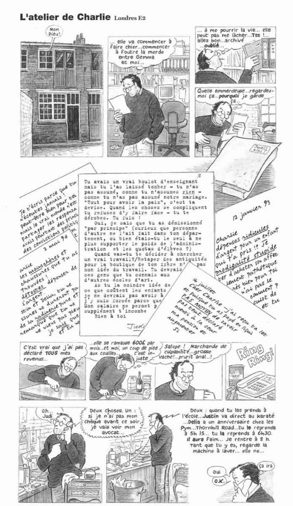 Planche de la BD, en noir et blanc, dans laquelle le texte est particulièrement présent, dans le fond de la case autour du personnage, et sous forme de courriers.