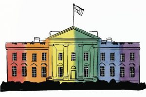 dessin au trait de la Maison blanche aux couleurs de l'arc-en-ciel