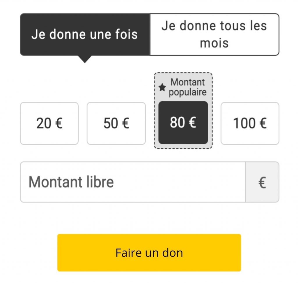 Sur un écran, une incitation au donc souligne que 80€ est le montant le plus populaire parmi les personnes qui donnent.