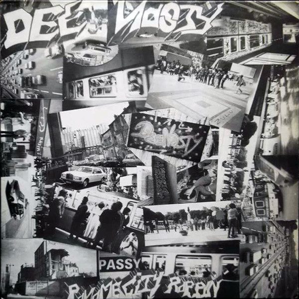 Sur une pochette de 33 tours, "Dee Nasty" est graffé en haut à gauche, et un entrelac de photographie en noir et blanc recouvre le reste de l'image.