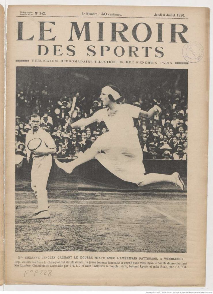 Une du journal Le Miroir des sports, avec une photo de la joueuse de tennis Suzanne Lenglen jouant en mixte
