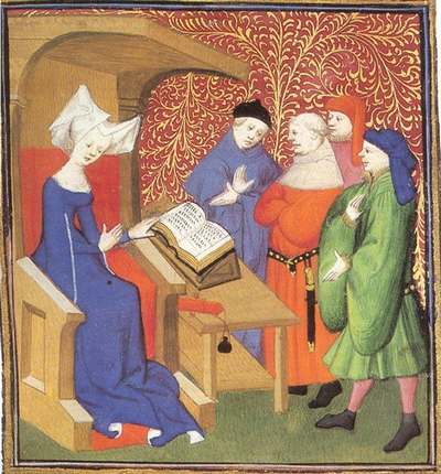 Enluminure du 15e siècle, montant Christine de Pizan avec un livre, enseignat à un groupe d'hommes