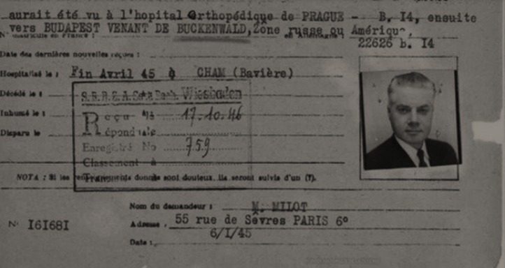 La « demande de recherche de déporté » déposée par Marthe Minot, le 6 janvier 1945, et la photo de son mari qui l’accompagne. SERVICE HISTORIQUE DE LA DÉFENSE