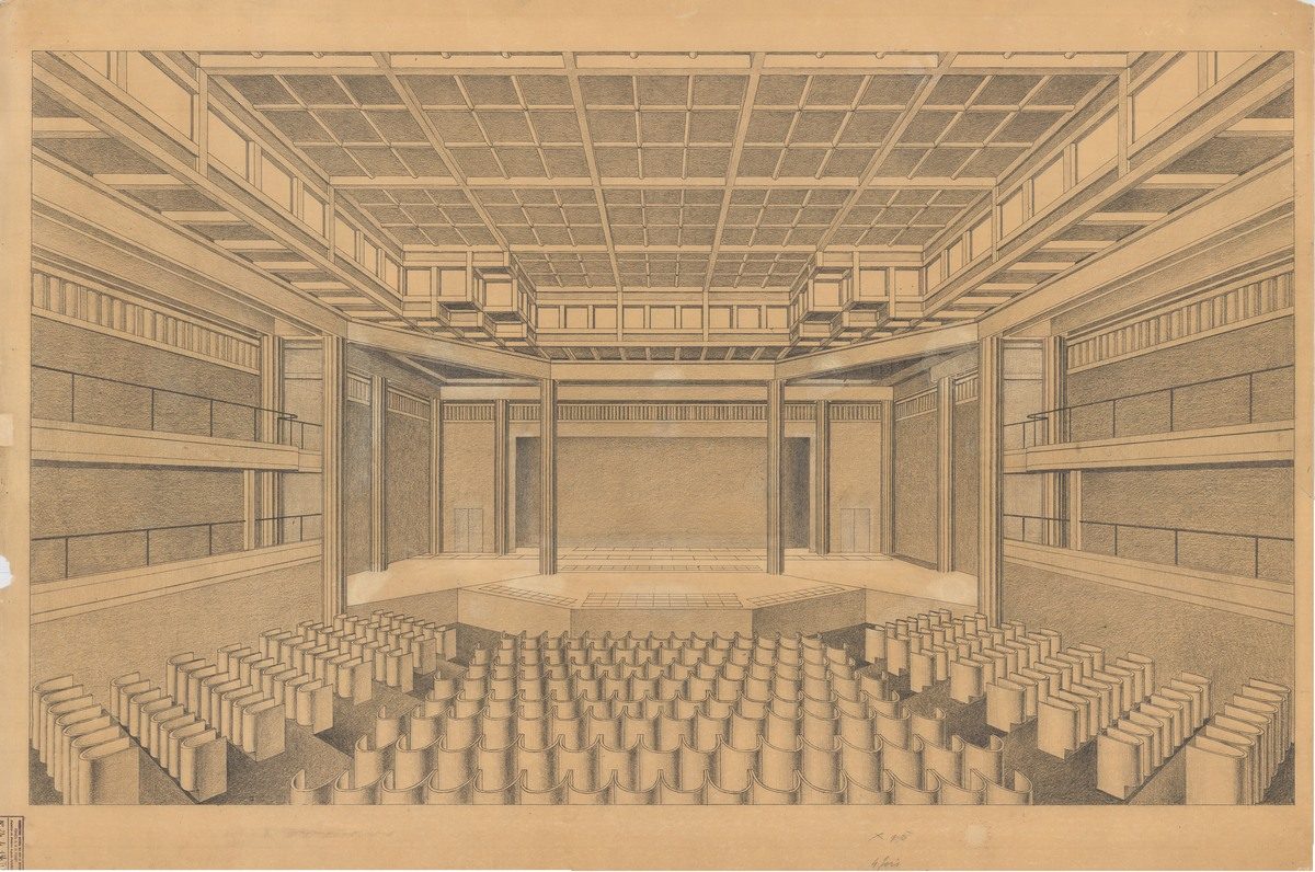 Dessin d'Auguste Perret. Intérieur du théâtre en bois