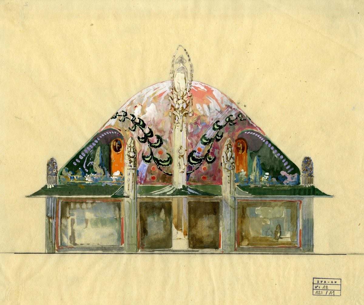Dessin d'Henri Sauvage, peinture et gouache sur papier, étude pour le pavillon Primavera
