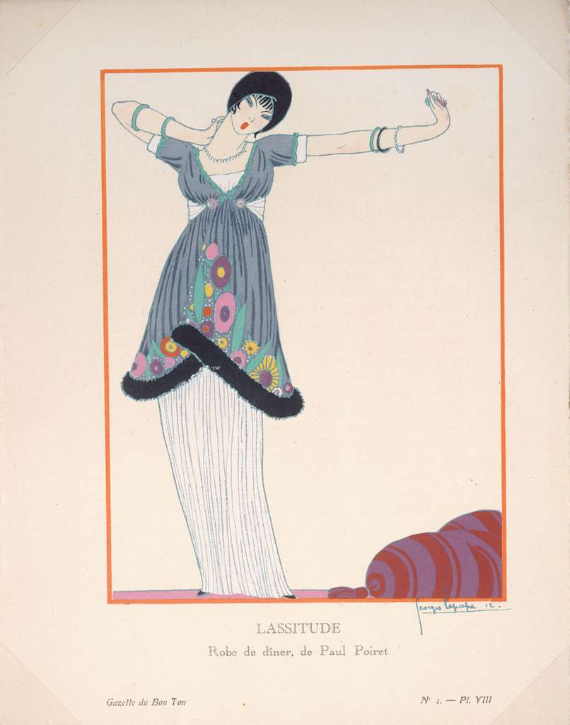 Dessin issu de la revue La Gazette du bon ton en 1912, présentant une robe de soirée de Paul Poiret