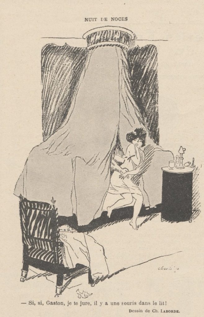 « Si, si, Gaston, je te jure, il y a une souris dans le lit ! », s’écrie une jeune femme dénudée, sortie du baldaquin, retenue par un bras masculin musclé qui semble ne pas avoir fini d’en découdre avec son objet de désir.