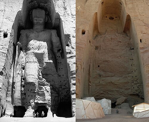 Le grand Buddha de Bamiyan avant (à gauche de l'image) et après destruction (à droite)
