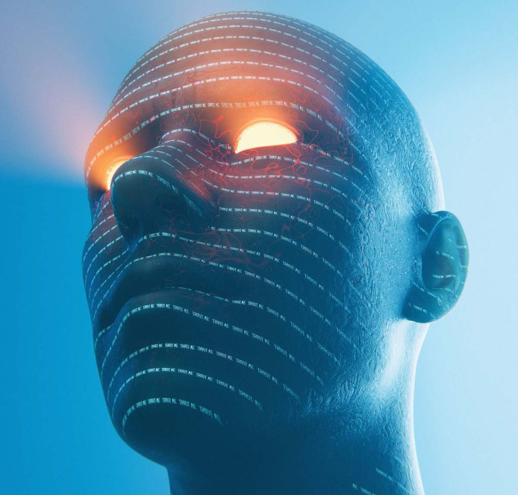 Une tête humaine, yeux lumineux, avec défilement d'un texte numérique sur son visage.