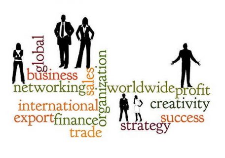 Nuage de tag composé : Business, Export, Trade, Global.. avec silhouettes humaines