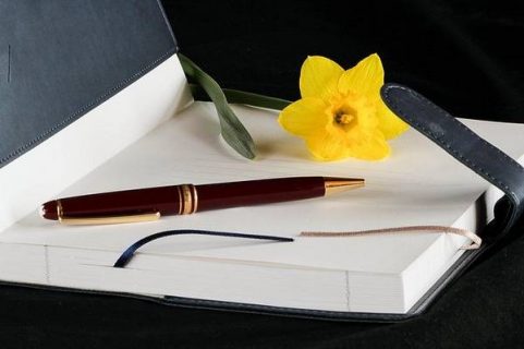 photo d'un carnet posé ouvert avec fleur et stylo