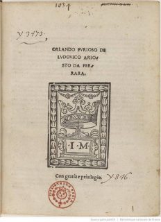 Page de titre de l'Orlando furioso de Ludovico Ariosto da Ferrara, édition de 1516