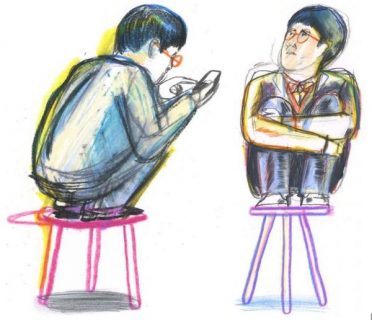 Un dessin de jeune homme assis sur un tabouret, de face et de dos