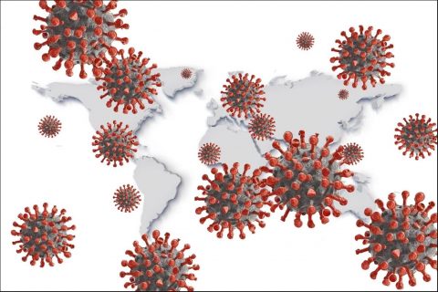 Représentations du virus Covid sur fond de planisphère 3D
