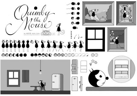 Une planche en noir et blanc représentant des élément de Quimby the Mouse
