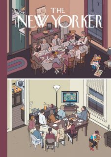 Couverture du magazine New Yorker par Chris Ware, représentant deux repas de Thanksgiving : en haut, une famille du milieu du vingtième siècle en pleine conversation, en bas, une famille contemporaine regardant la télévision en silence