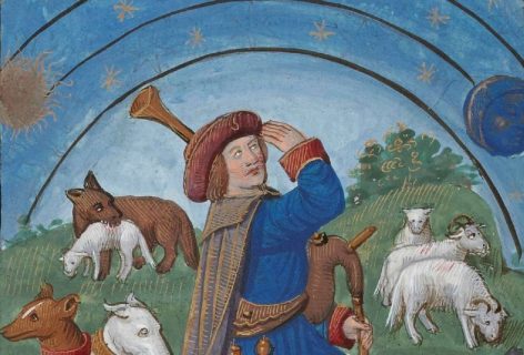 Enluminure du Calendrier des bergers : un homme entouré de moutons regardant un ciel étoilé