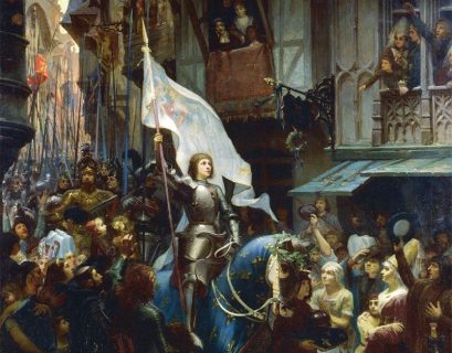 Peinture représentant Jeanne d'Arc, en armure et à cheval, accueillie par la foule dans une rue d'Orléans