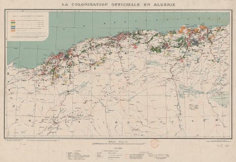 Carte en couleur de l'Algérie indiquant les régions colonisées à chaque période, les concessions, les agglomérations et les camps militaires.