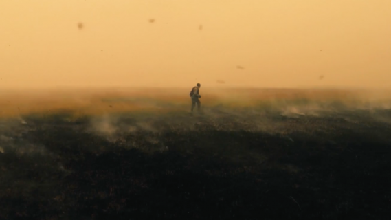 Une petite silhouette avance au milieu d'une steppe, remplie de cendres et de fumée, devant un ciel orange.