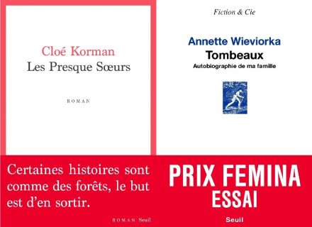 À gauche, la couverture d'un roman de Cloé Korman, Les Presques Sœurs, et à droite, celle d'un essai d'Annette Wieviorka, Tombeaux, autobiographie de ma famille. Les deux parus aux éditions du Seuil en 2022.