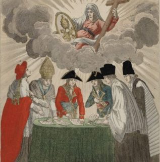 Des hommes en costumes religieux et civils autour d'une table