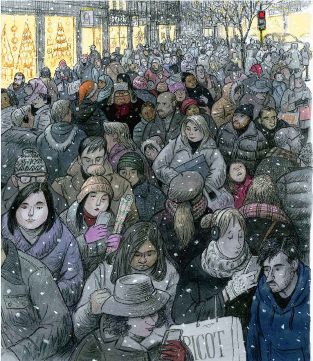 Dessin d'une foule, emmitouflée dans des manteaux, sous la neige, marchant le soir sur un trottoir longé par des vitrines décorées aux couleurs de Noël.