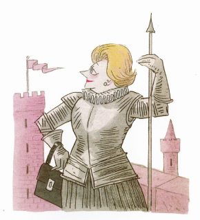 Dessin représentant Margaret Thatcher, reconnaissable à sa coiffure et son sac à main, vêtue d'une armure, devant un château rose