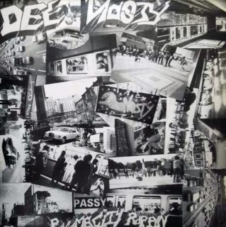 Sur une pochette de 33 tours, "Dee Nasty" est graffé en haut à gauche, et un entrelac de photographie en noir et blanc recouvre le reste de l'image.