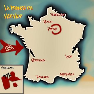 Carte de France avec les principales villes où le hip hop s'est imposé