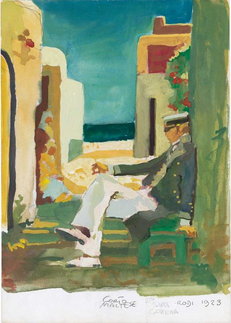 aquarelle- Corto Maltese assis sur un banc dans une ruelle. Au loin, la mer.