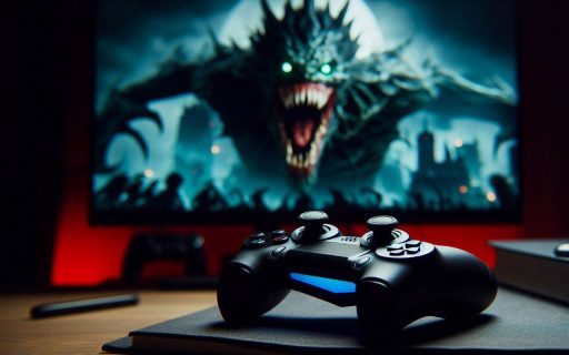 Une manette de jeu et à l'écran un monstre