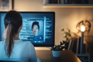 Une photo, montrant un écran d'ordinateur avec un CV et des algorithmes en arrière-plan. De dos une femme, la recruteuse, semble hésiter