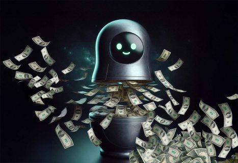 Une IA matérialisée en poupée russe robot de laquelle sortent des billets