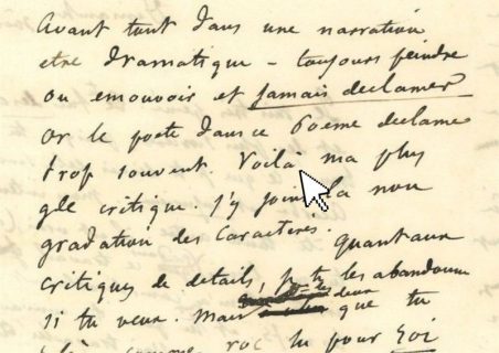 Extrait d'une lettre de Gustave Flaubert à Louise Colet, en date du 15 janvier 1854. En surimpression, un pointeur de souris