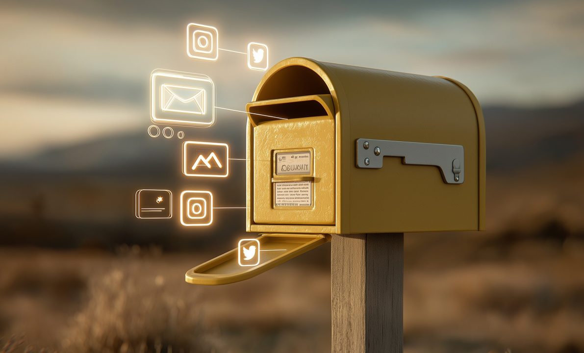 Une boite aux lettres traditionnelle, au bord d'un chemin en campagne. Des logos de messageries numériques flottent à proximité, en transparence
