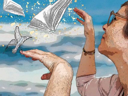 Photomontage : une femme, de profil, fait voler un livre entre ses mains écartées. Une mouette vole avec le livre. Fond bleu évoquant une scène d'été au bord de la mer