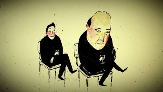 Deux personnages assis sur une chaise, l'un d'eux regarde l'autre en coin (film d'animation).