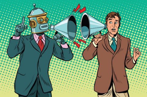 Dessin d'un robot d'intelligence artificielle parlant à un humain