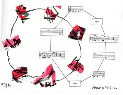 Image d'une partition graphique de Steve Adams, intitulée #36, et datée 9-21-6, combinant des éléments déterminés et d'autres laissés au choix des interprètes.